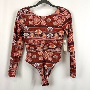 NWT Phax Sz M One Piece Printed Swimsuit Front Twist Stretch Long Sleeve Orange